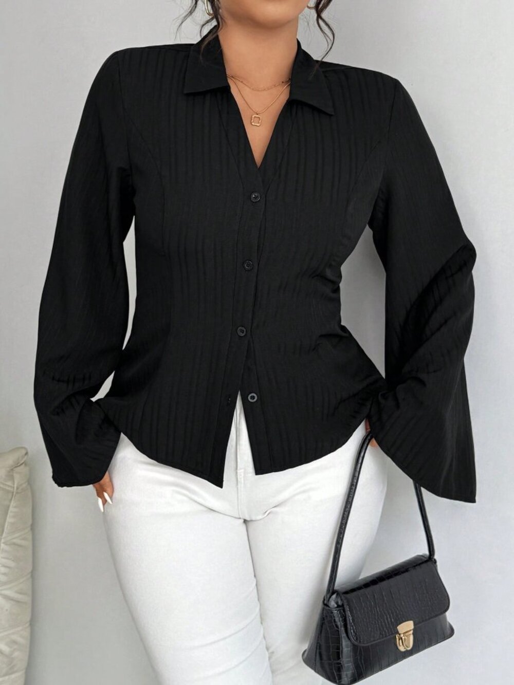 Black Casual Women's Plus Size Long Sleeve Single-Breasted Loose Shirt